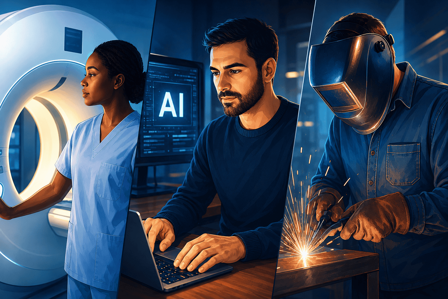 Professionals working across healthcare, technology, and skilled trades