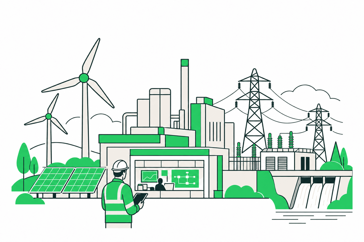 Illustration of renewable energy sources and power plant infrastructure.