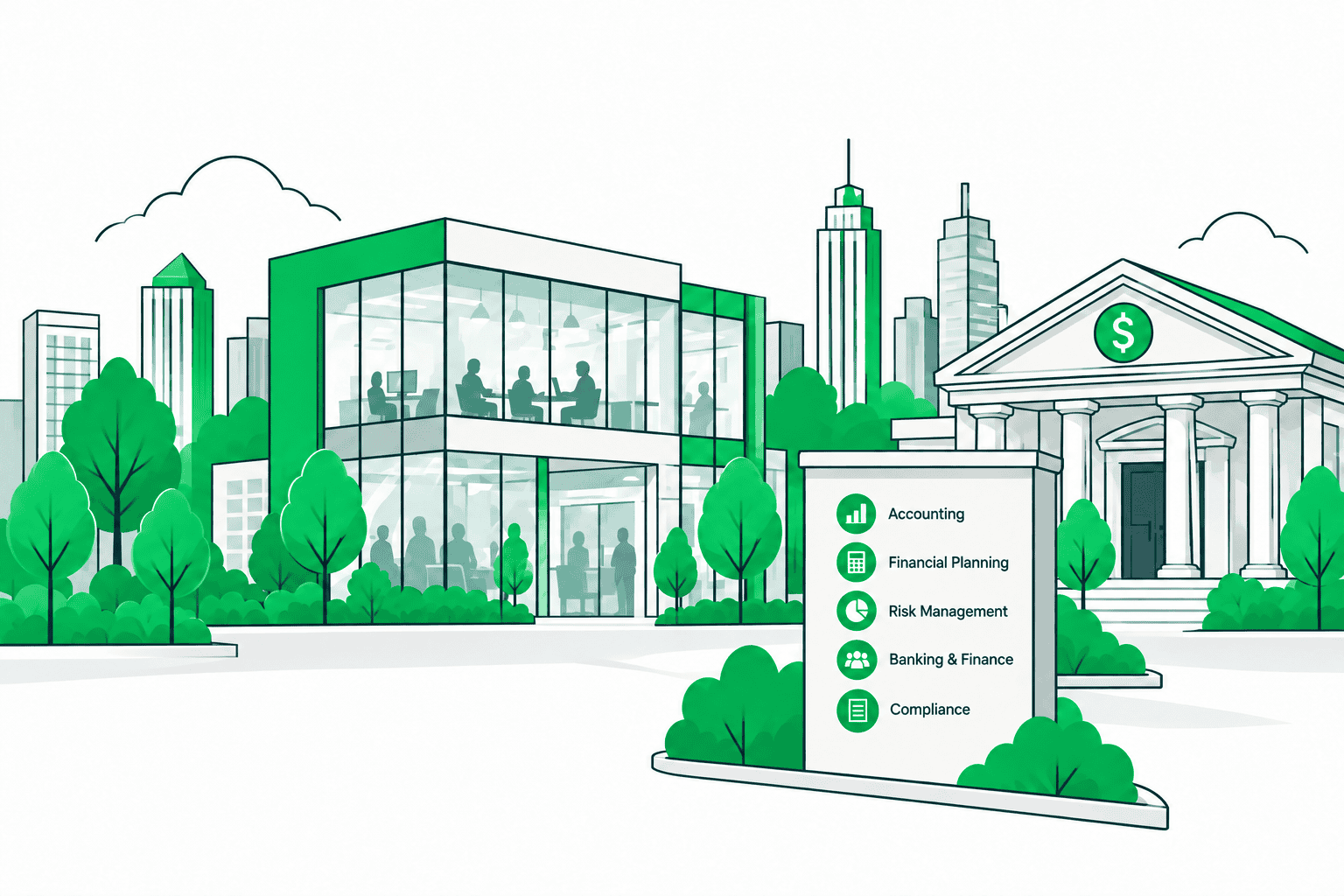 Finance certifications career paths illustration showing accounting, financial planning, risk management, banking, and compliance.