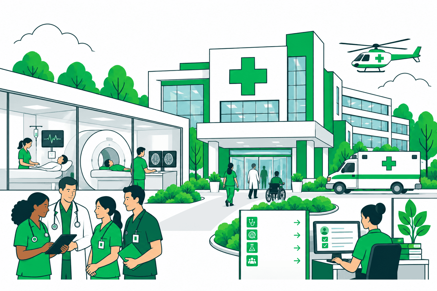 Healthcare certifications career paths illustration showing clinical care, medical imaging, medical coding, health information, and healthcare administration roles
